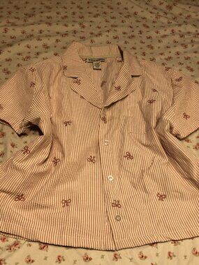 Pink Striped Bow Button Down Pajama Shirt Balletcore Whimsical Sleepwear
